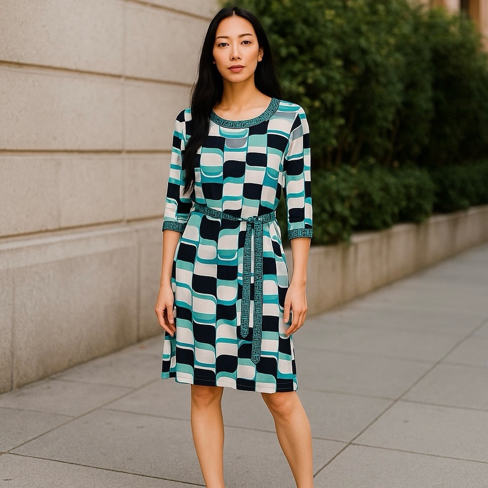 Banana Republic Geometric Print Blue White Elbow-Length Sleeves Sheath Dress